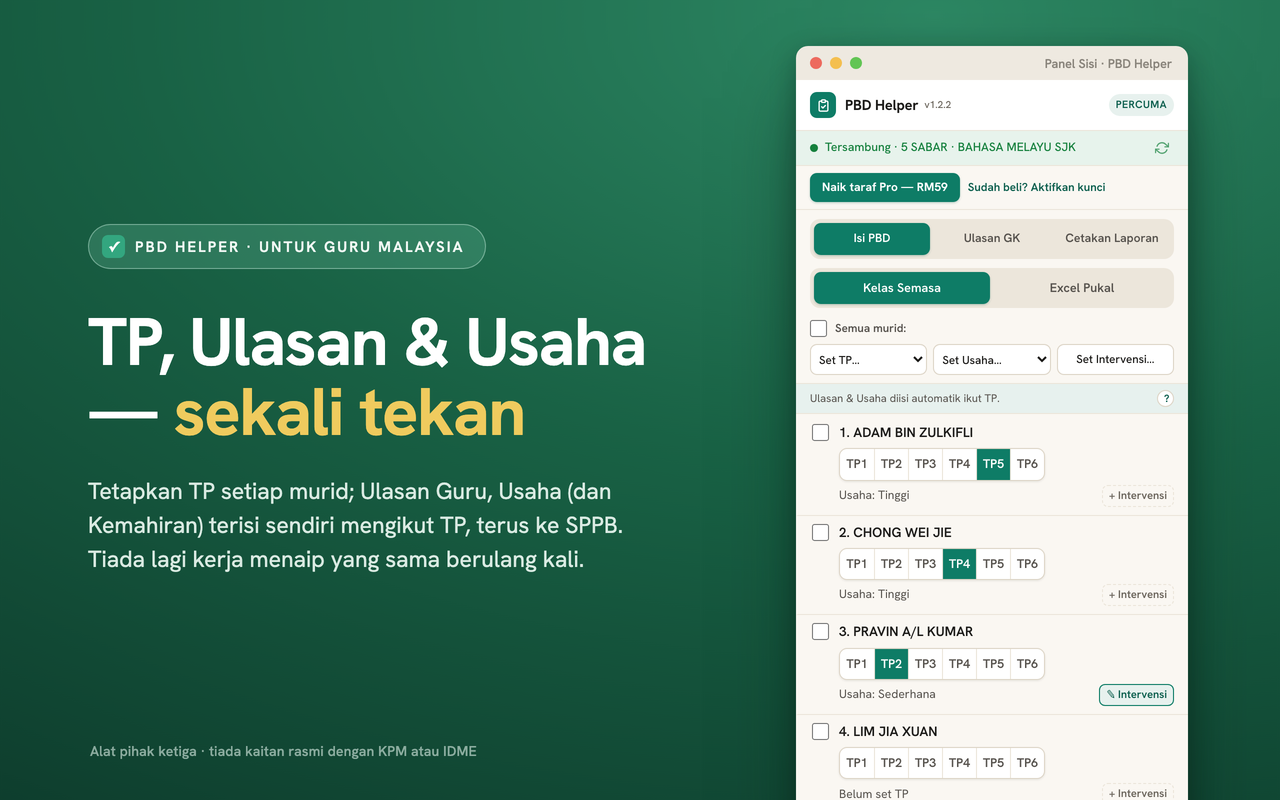 Panel sisi PBD Helper dengan butang Tahap Penguasaan bagi setiap murid.