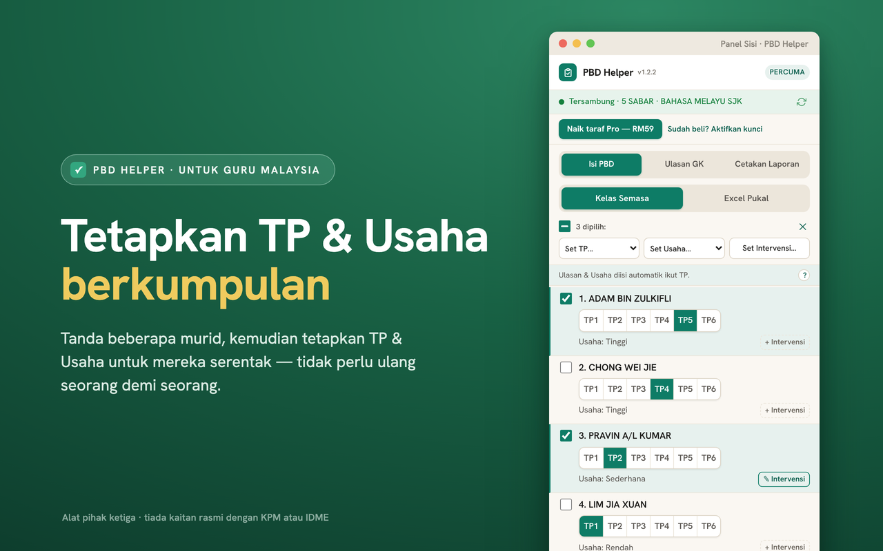 Set berkumpulan: murid ditanda dengan bar Set TP dan Set Usaha.