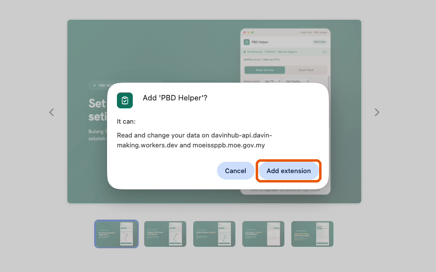 Dialog Add PBD Helper Chrome yang menyenaraikan akses ke moeissppb.moe.gov.my; butang Add extension ditanda dengan kotak jingga.